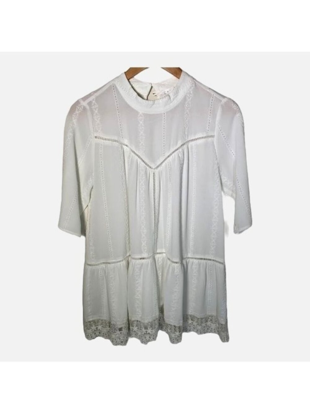 Leith Womens Small White Eyelet Lace Tiered Blouse Casual Top